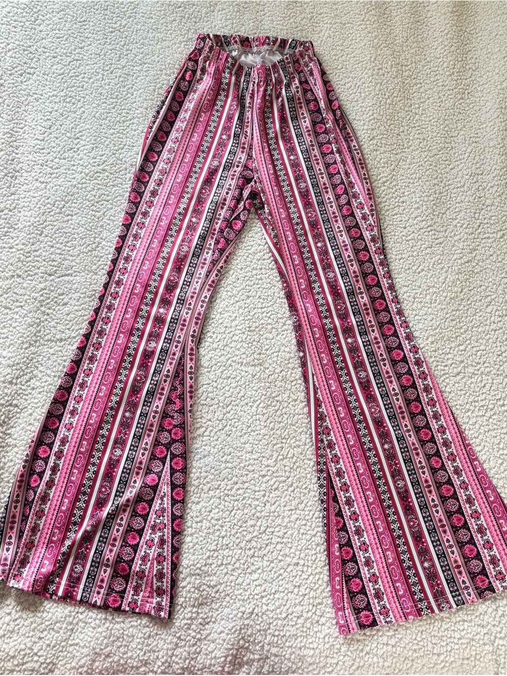 SHEIN Pink & Black Striped Floral Flare Leggings